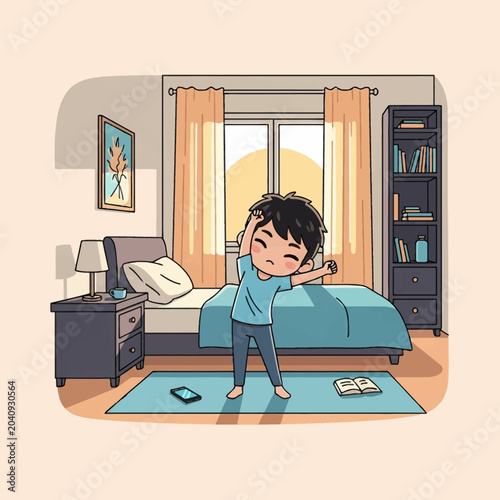 Kawaii chibi boy character stretching his body in a cozy bedroom with a bed, rug, and window. Features include a bookshelf, bedside lamp, smartphone, and open book on the floor.