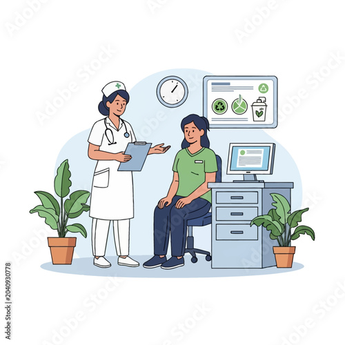 Female nurse in white uniform and stethoscope educating a seated patient in a clinical office setting featuring a desk, computer, wall clock, and informational charts on the wall.