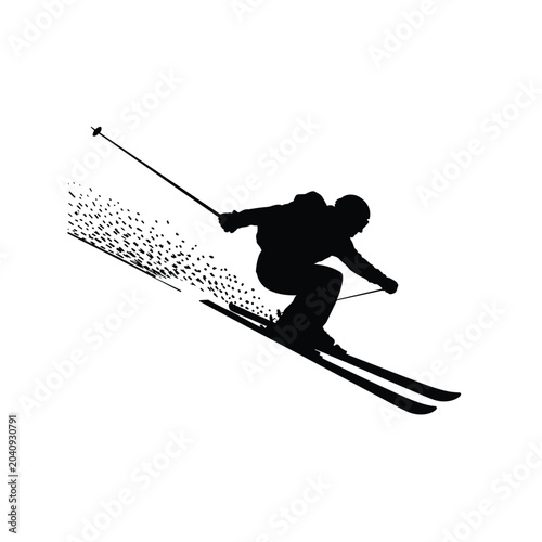 Dynamic silhouette of a skier descending a snowy slope, kicking up powder, representing winter sports.