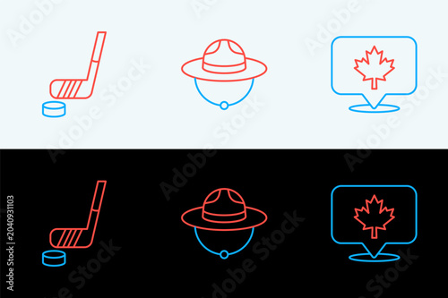Quadro em tela Set line Canadian maple leaf, Ice hockey stick and puck and ranger hat icon
