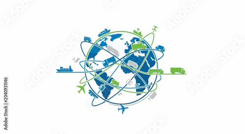 Global transport network with planes, ships, and trucks circling a stylized earth