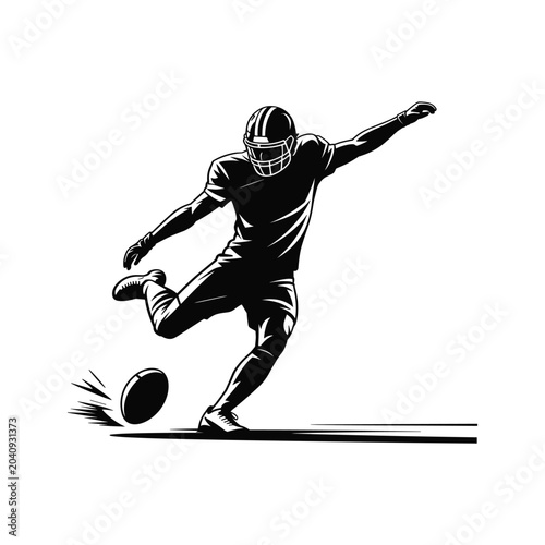 Dynamic silhouette of an american football player kicking the ball during a match.