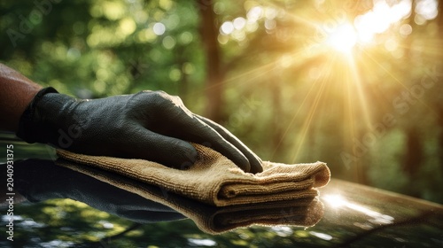Gloved hand polishes a car's shiny surface in dappled sunlight