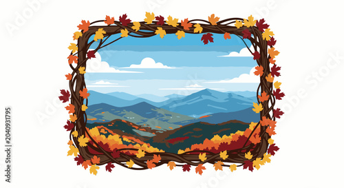 Autumn landscape framed by intertwined branches adorned with colorful fall leaves