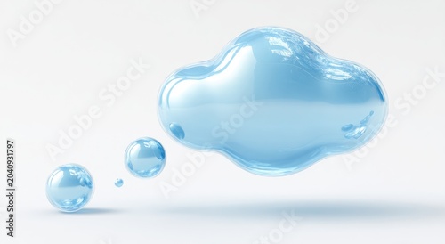 Shiny, translucent, cloud-shaped object with smaller spheres floating away