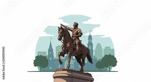 A pixelated equestrian statue of a man on a horse stands before a city skyline