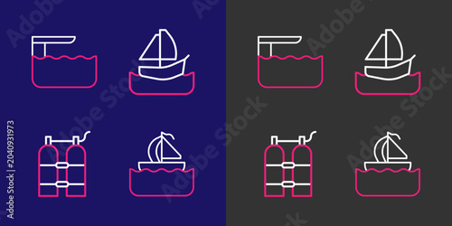 Photos Set line Yacht sailboat, Aqualung, and Diving board or springboard icon