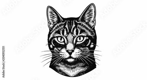 A close-up, black and white sketch of a tabby cat's face, showing its distinctive stripes and whiskers
