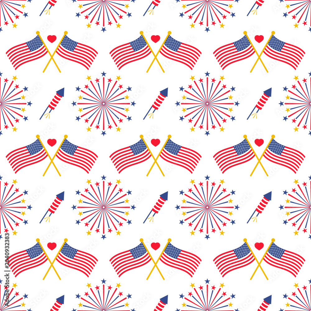 Obraz premium Independence Day Seamless Pattern featuring American Flags and Fireworks. Patriotic American Holiday Theme vector illustration
