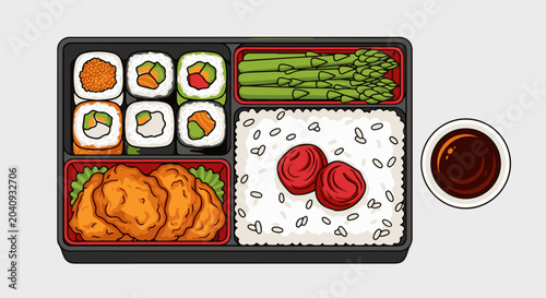 Bento box lunch with sushi, fried chicken, rice, plums, asparagus, and soy sauce