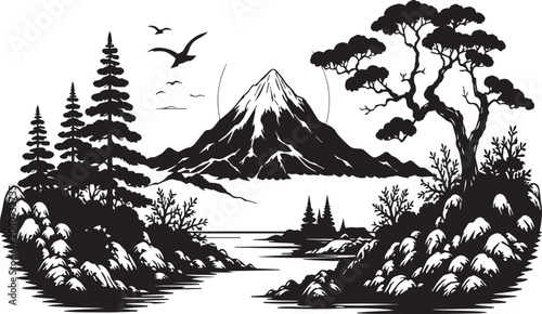 Minimalist Black and White Vector Illustration of Mount Fuji Landscape with Pine Trees, River, and Birds; Zen Style Japanese Nature Scene for Wall Art, T-shirt Design, and Woodcut Prints