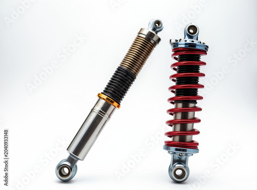 Two car shock absorbers, one gold and black, the other red. Showcased on clean white studio background. Detail parts for auto repair or performance upgrades.