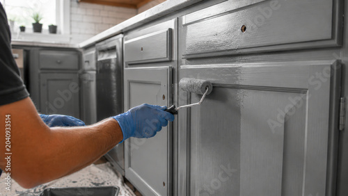 Worker painting kitchen cabinets with gray paint using a roller. Concept of kitchen renovation, furniture makeover, interior restoration and home improvement.
