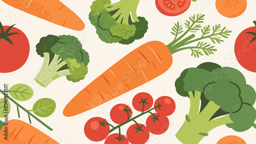 Obraz na plátně A vibrant and colorful illustration featuring a variety of fresh vegetables, including carrots, broccoli, and tomatoes, arranged on a light background