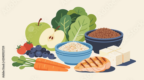 Fotografie A vibrant assortment of healthy foods including fruits, vegetables, grains, and protein, arranged attractively to showcase a balanced diet