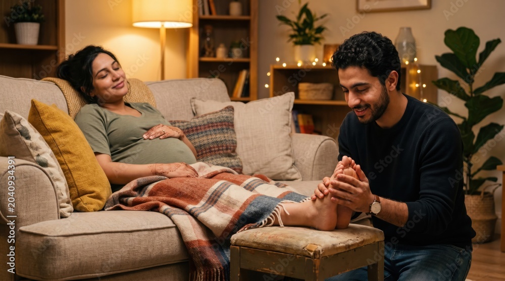 Fototapeta premium Loving husband gently massaging pregnant wife's feet on a cozy living room sofa under warm ambient lighting, showcasing family support, comfort, and domestic care during pregnancy.