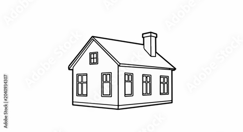 A simple, hand-drawn house with a pitched roof, chimney, and multiple windows