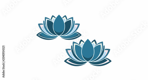Two stylized blue and white lotus flowers are shown against a white background