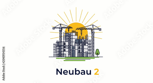 Building construction with cranes under a shining sun and a single tree