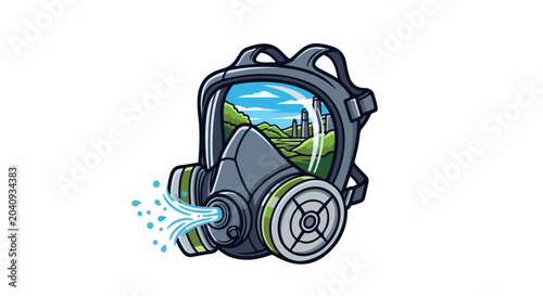A gas mask is depicted with a lush green landscape and city skyline reflected in its lens