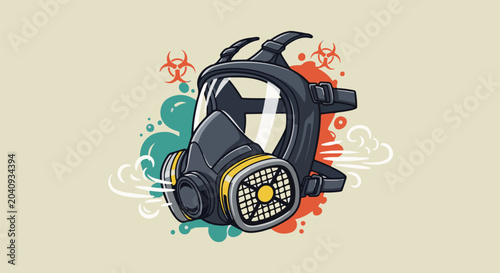 Stylized gas mask illustration with biohazard symbols and colorful abstract splashes