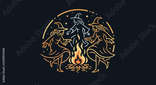Three witches dance around a mystical campfire under a starry sky