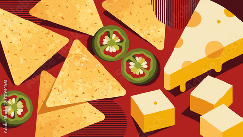 Quadro su tela A vibrant, top-down illustration of tortilla chips, sliced jalapeños, and cubes of cheese on a red background