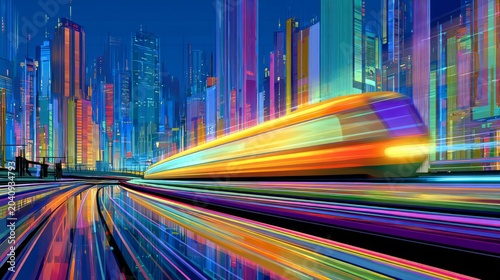 Vibrant Night Cityscape with Blurred Fast-Train Motion in a Colorful Urban Landscape Illuminated by Bright Neon Lights