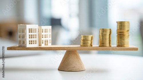 Miniature buildings and stacks of coins balanced on a wooden scale