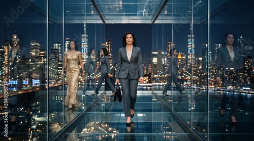 A woman in a gray pantsuit walking through a hallway made of glass, the city reflected in every surface