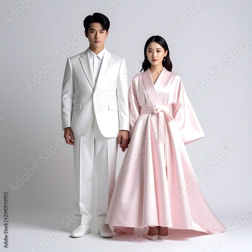 Couple in formal attire posing together outdoors.
