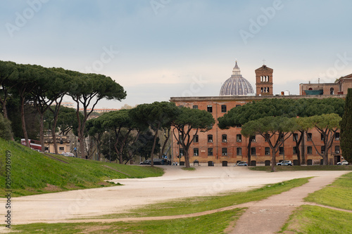 Obraz na płótnie Spring vacation in Rome, view on Circus Maximus ruins, green pine trees and old