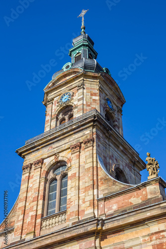 Tower of the historic Basilica of St. John the Baptist in Saarbrucken
