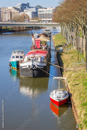 Ships at the quay of the Saar river in Saarbrucken