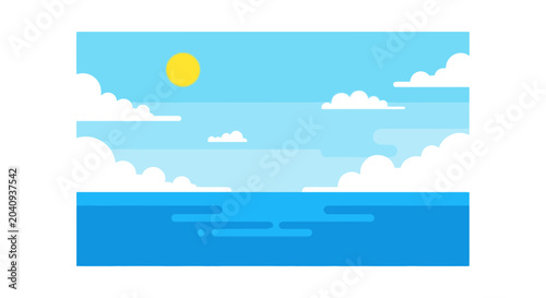 Fotografie Flat Illustration of a Sunny Day Over the Ocean with Clouds