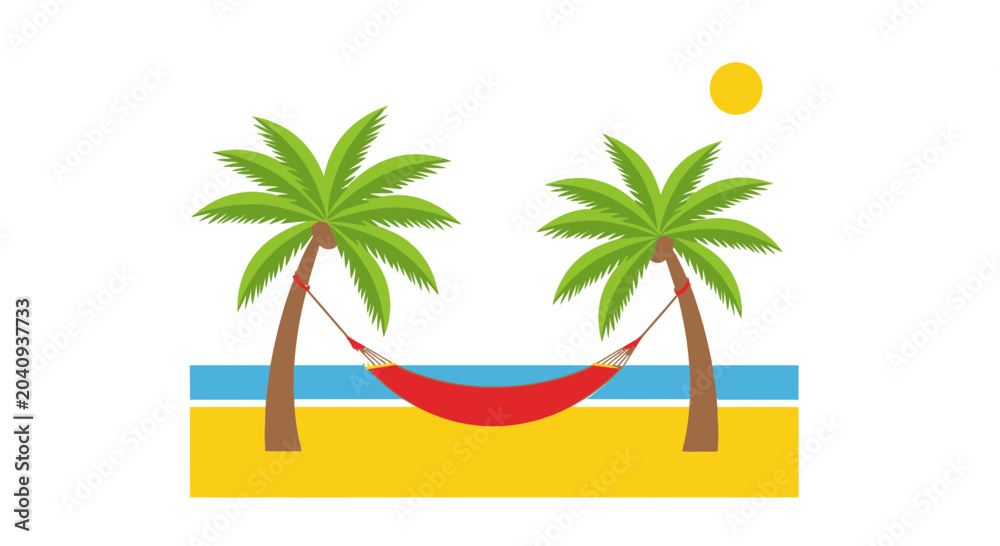 Fototapeta premium Tropical beach scene with palm trees, hammock, sun, and ocean waves