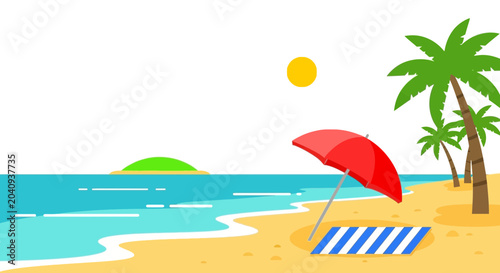 Quadro su tela Tropical Beach Scene with Palm Trees, Umbrella, and Ocean Waves