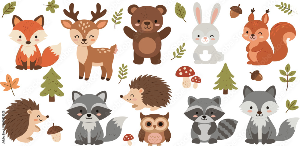 Fototapeta premium Cute Woodland Forest Animal Collection Featuring Fox Deer Bear Rabbit Raccoon Wolf Hedgehog and Owl Cartoon Vector Set