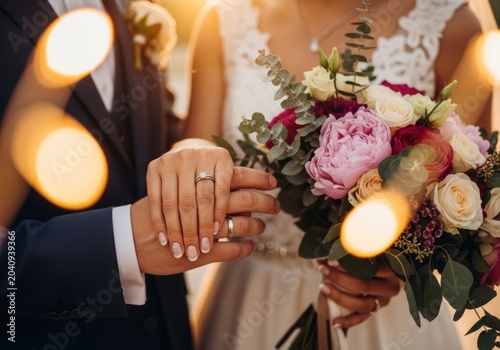 Close up of bride and groom hands with wedding rings holding a colorful bouquet of fresh flowers