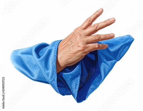 A hand emerges from blue fabric, fingers splayed in a gesture