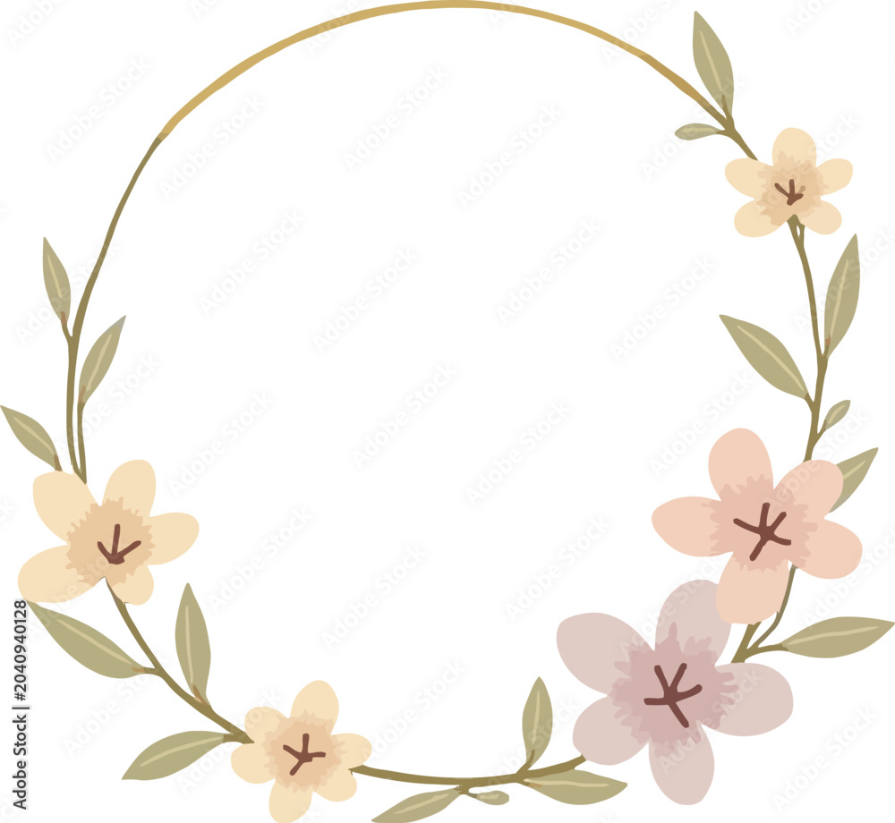 Fototapeta premium Floral circular wreath with pastel flowers and leaves