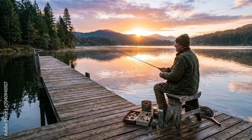 Senior Man Fishing on a Calm Lake Pier at Sunrise