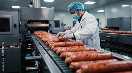 Man in lab coat checks sausages on assembly line. Food factory worker wears mask, gloves, cap. Meat processing production, quality control in clean facility.