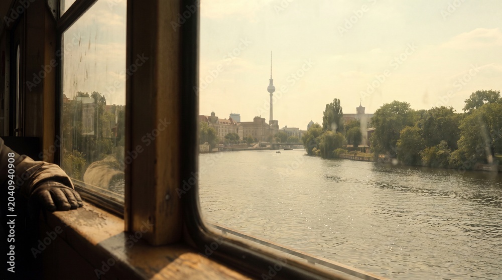 Fototapeta premium A scenic view of the Berlin TV Tower and Spree River taken from the window of a boat, featuring a nostalgic, warm vintage atmosphere.