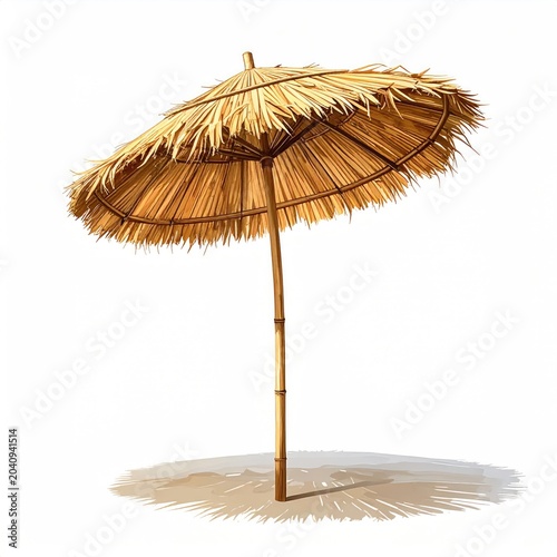 Rustic thatched umbrella, natural bamboo pole, casting subtle sand shadow