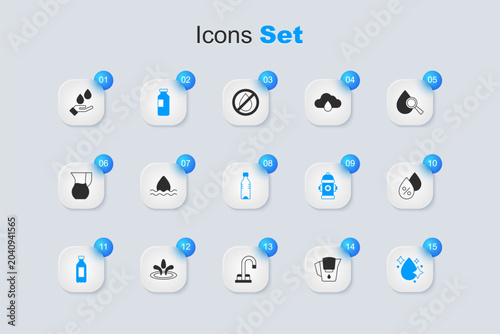 Εκτύπωση καμβά Set Water jug with filter, drop, Bottle of water, percentage, Washing hands soap and icon