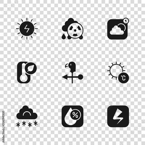 Bild auf Leinwand Set Water drop percentage, Sun, Lightning bolt, Rooster weather vane, Weather forecast app, Solar energy panel, Acid rain radioactive cloud and Thermometer icon