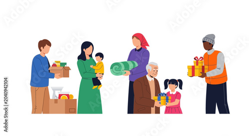 Bild auf Leinwand Generosity: Diverse people sharing gifts and donations for charity and community support