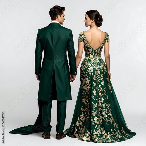 Couple in formal attire at outdoor event.