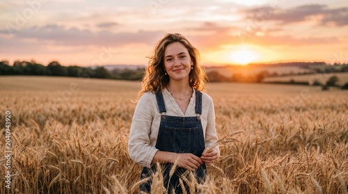 Young Female Farmer Smiling in Wheat Field at Sunset